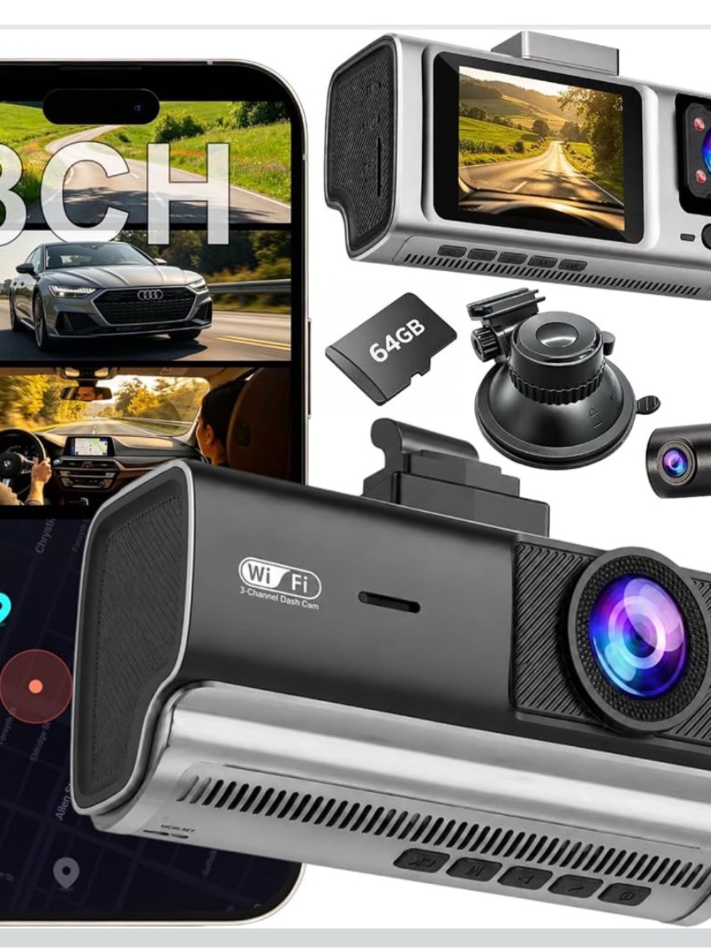 3-Channel Dash Cam - Black and Silver
